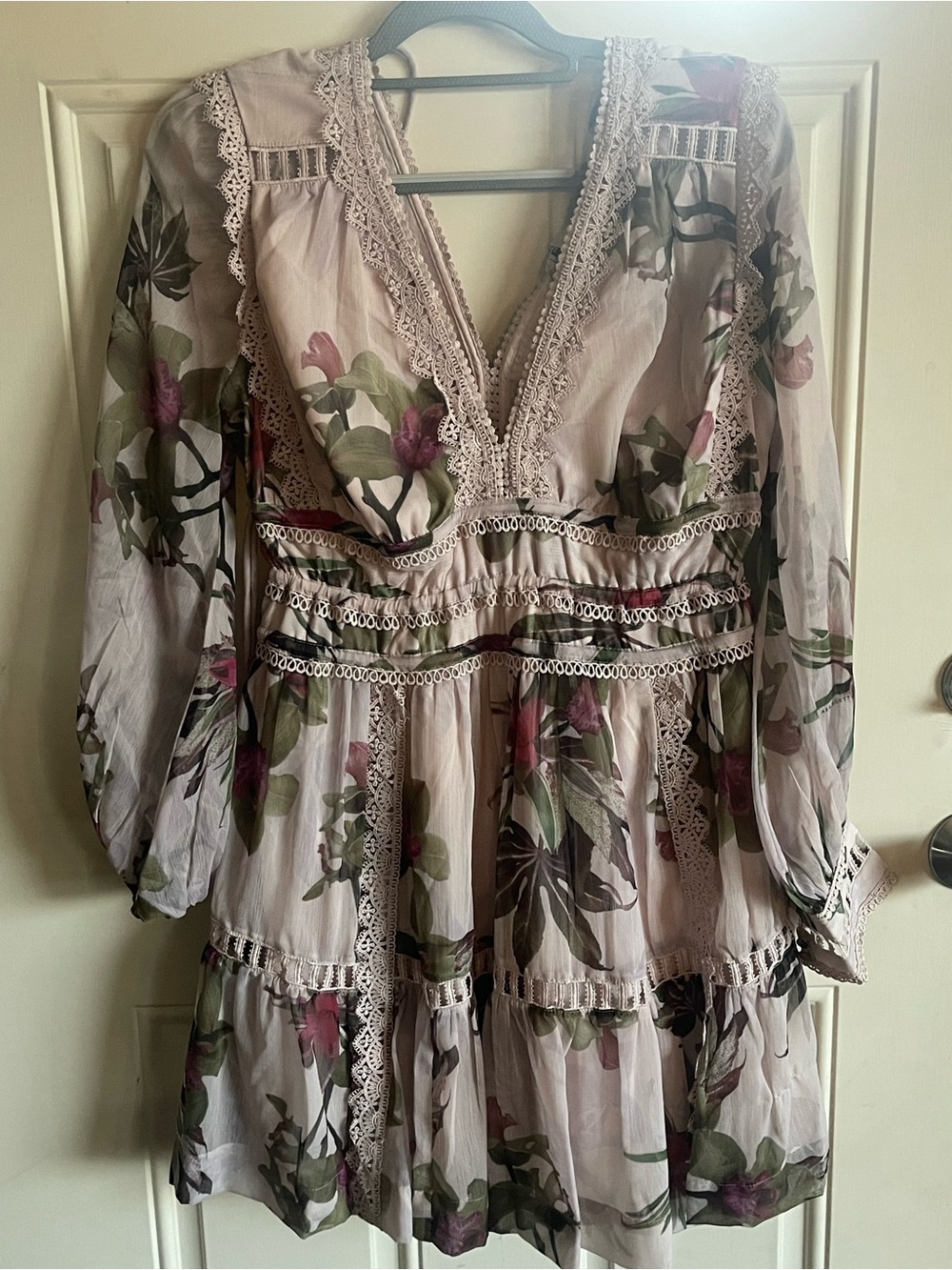 All Saints Sheer Floral Lace-Trim Long Sleeve Mini Dress - Mauve & Green